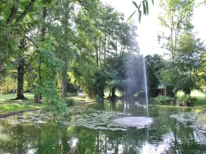 大きな庭の城のロマンチックな公園の水の特徴